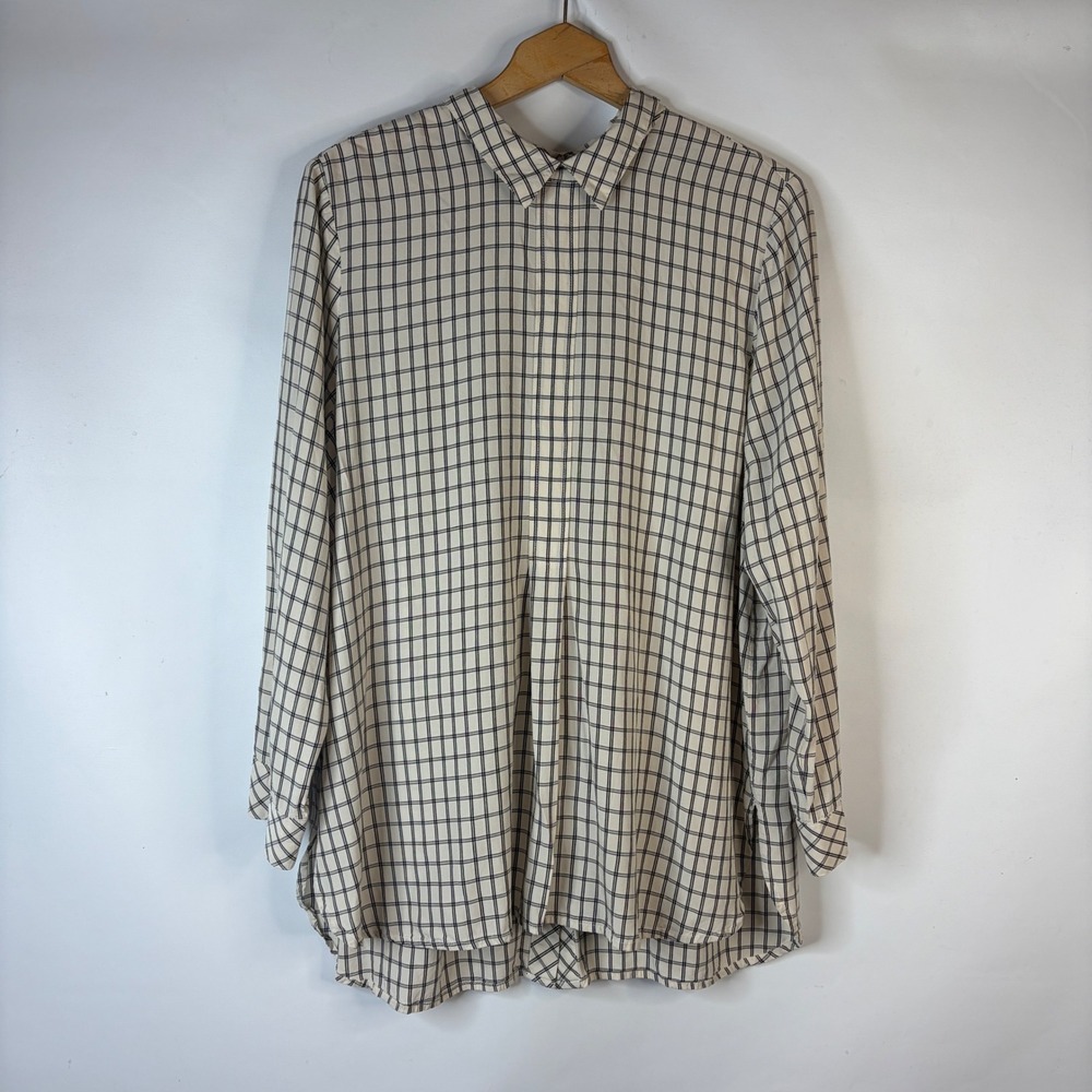 J. Jill Tunic Top Women XL Cream Black Grid Check Button Back Rayon Long Sleeve